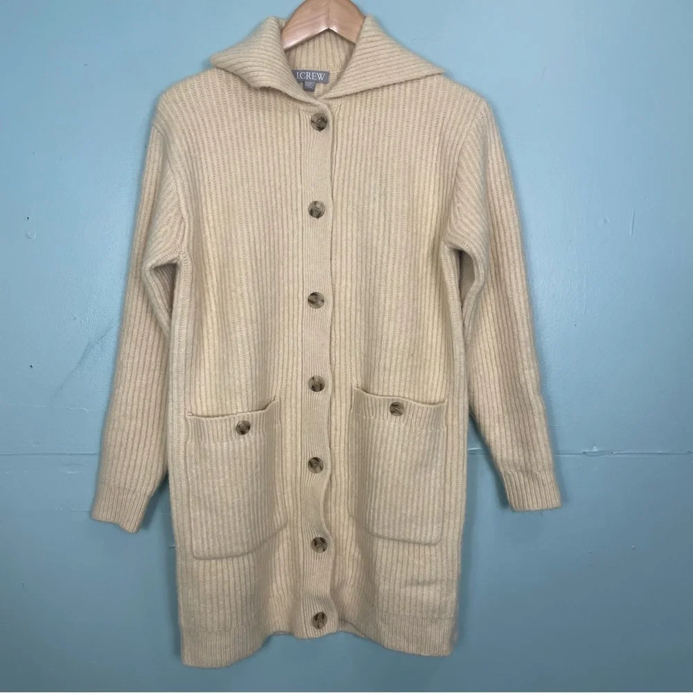 J.Crew Long Ribbed Cardigan Cream Ivory Size XS Wool Blend Pockets Ribbed Chunky